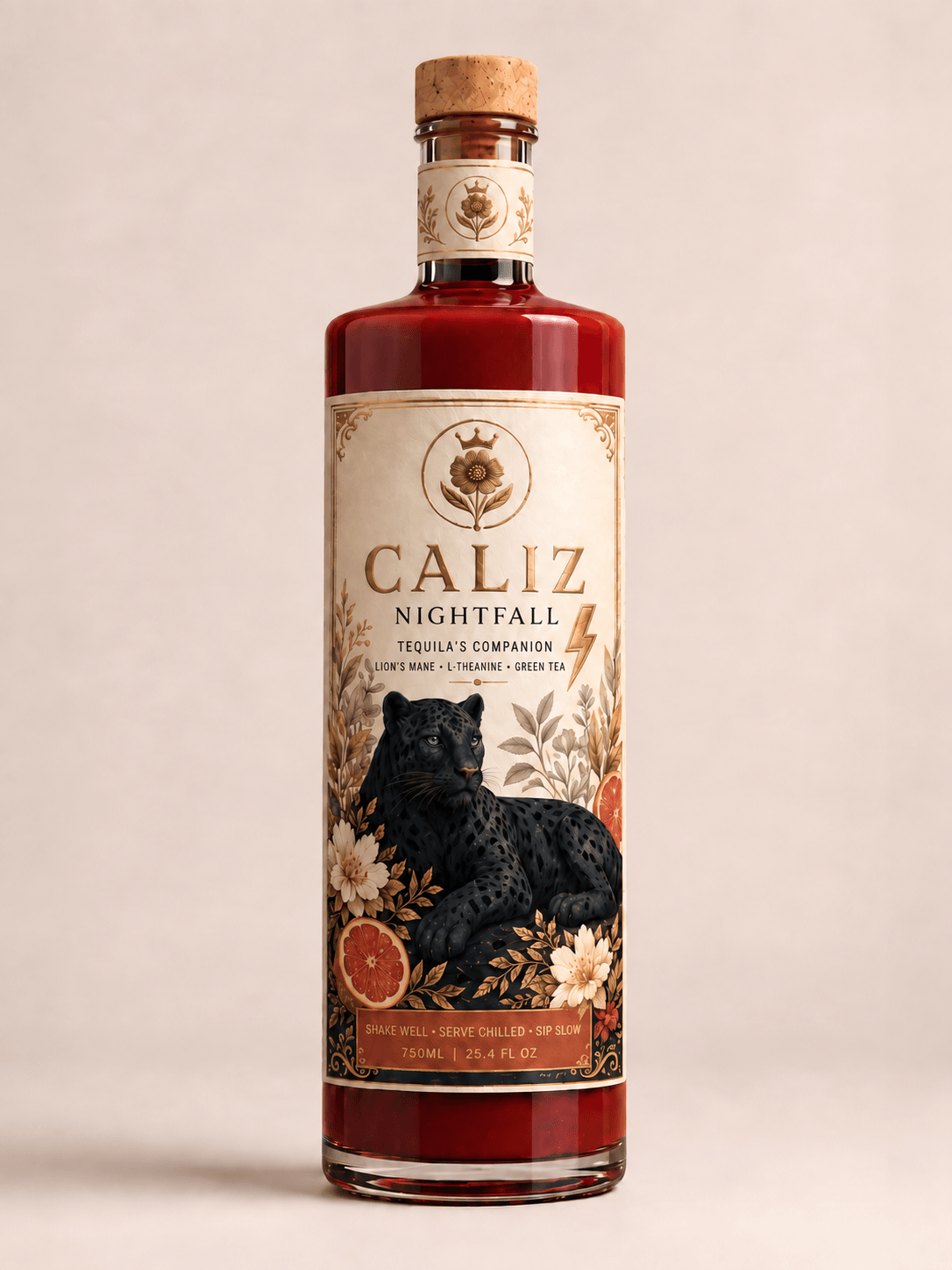 CALIZ Nightfall bottle with lion’s mane, L-theanine, and green tea named on its label