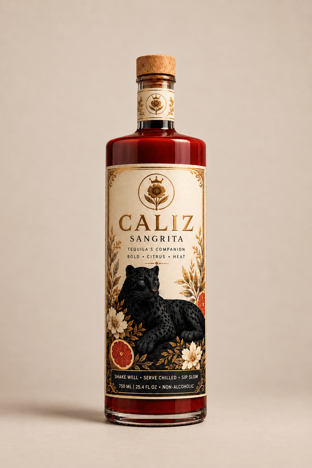 CALIZ Savory Sangrita bottle with a cream and gold label and black jaguar illustration